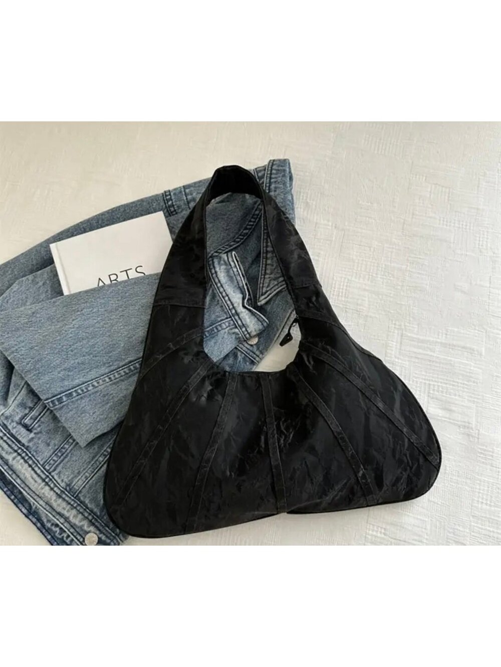 New - Unique Crescent Shaped Black Frosted Hobo Style Shoulder Bag